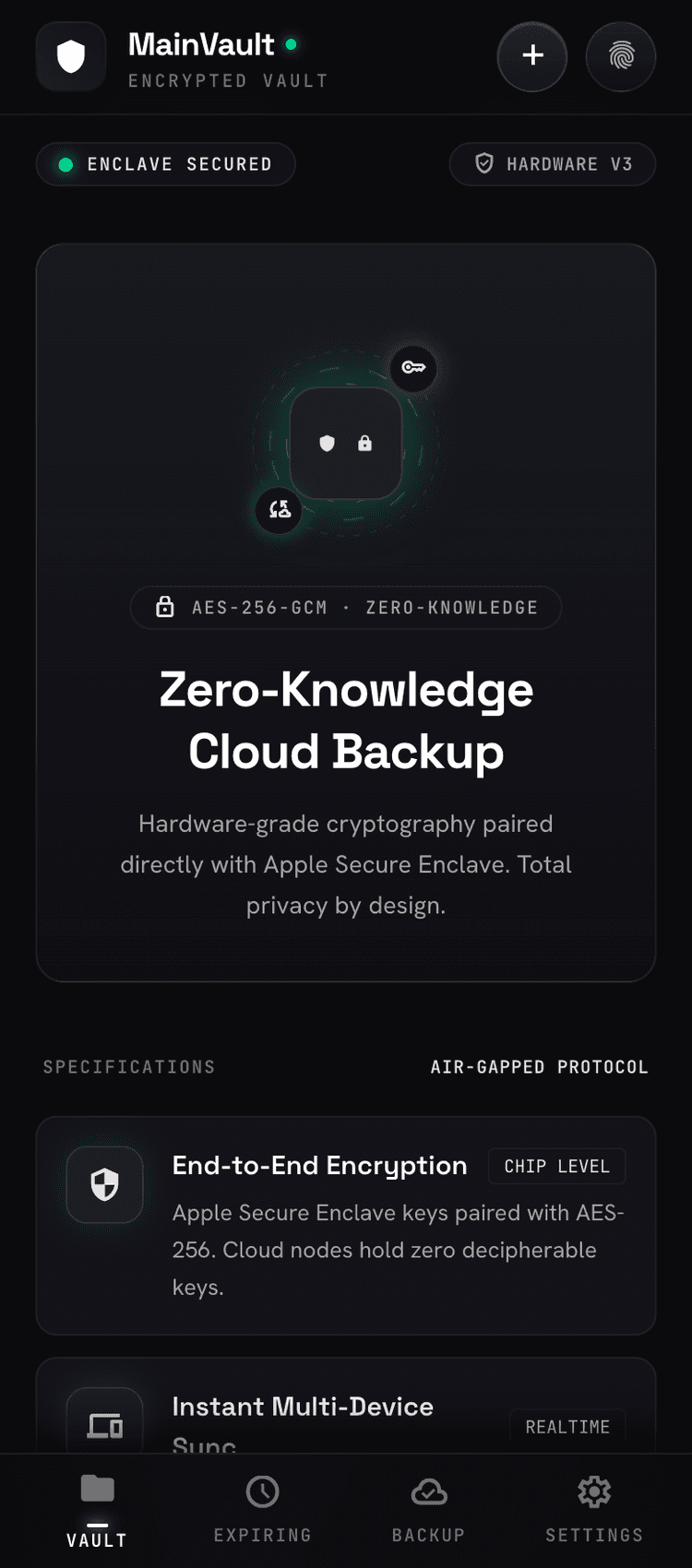 MainVault backup screen
